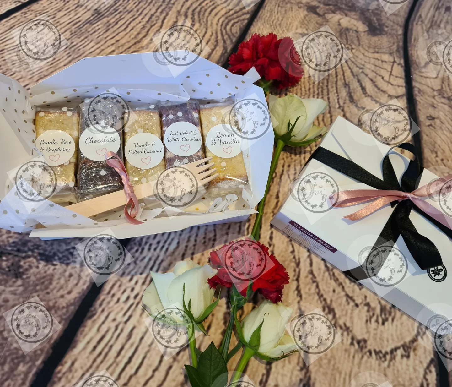 Gift box of five wholesale traybake slices styled with fresh roses, ready for local venue supply